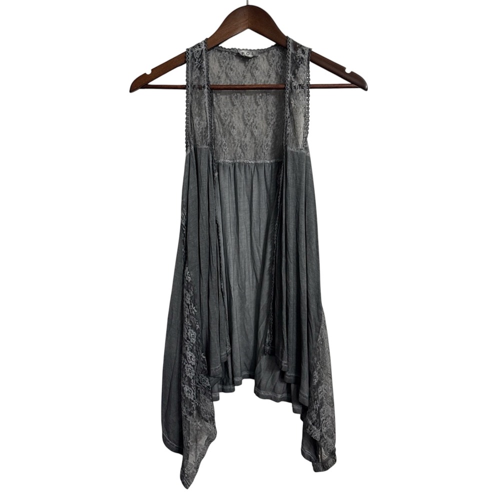 POL open cardigan women's medium gray lace waterfall cascade asymmetrical vest